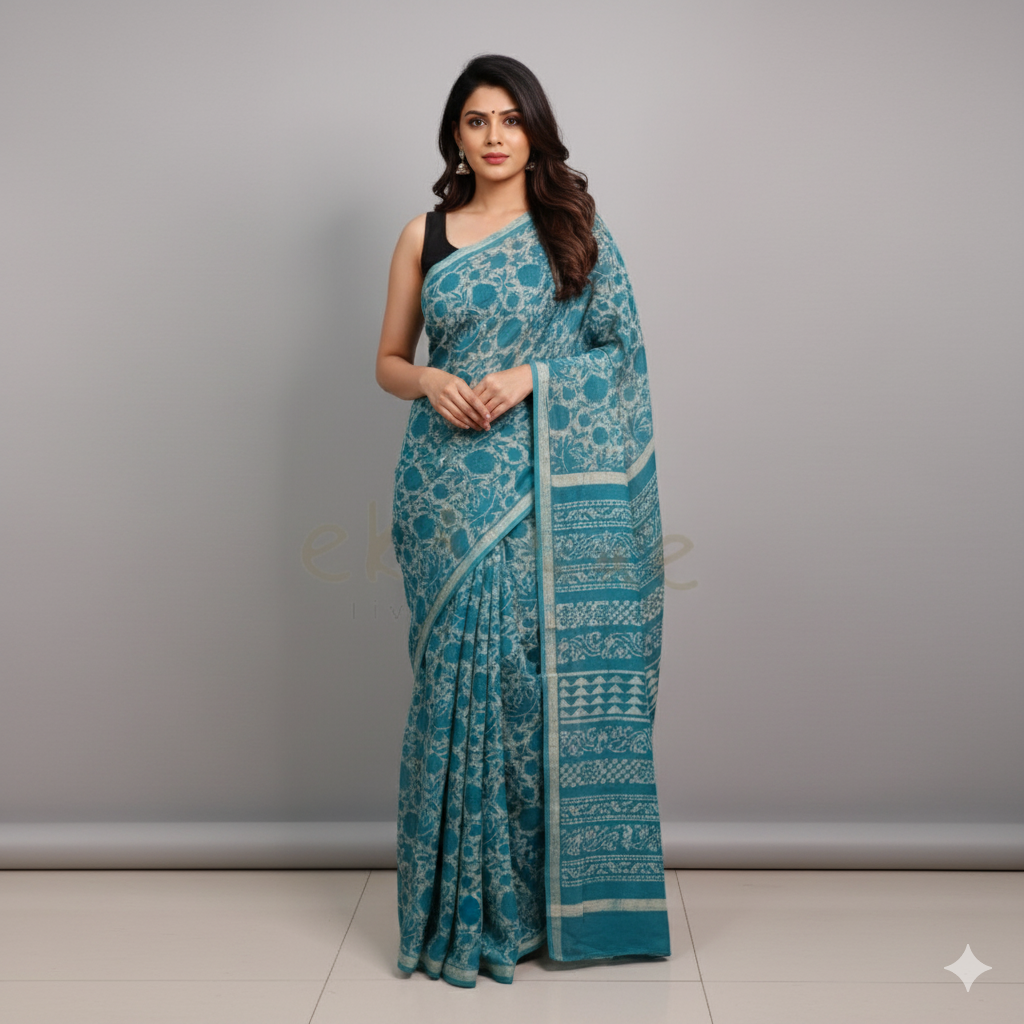 Ekobae's Dabu Symphony: A Hand-Block Printed Saree in Timeless Elegance