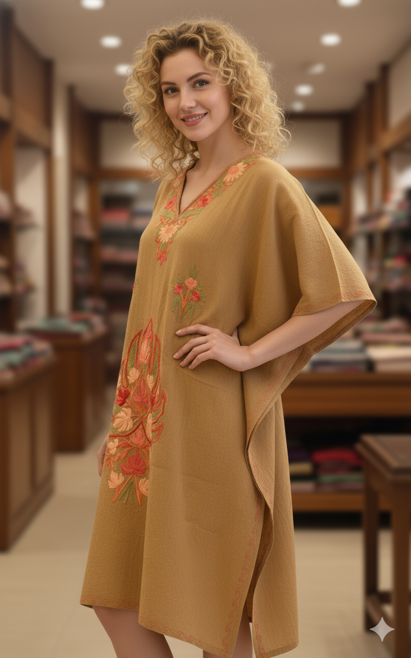 Kashmiri Ari Work Kaftan – Handcrafted Crush Cotton | Ekobae