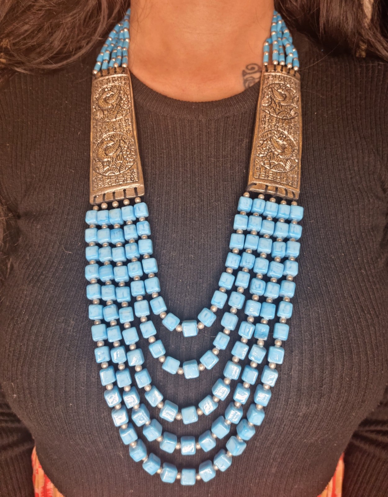 Tribal Flat-bead Necklace with carved metal panels