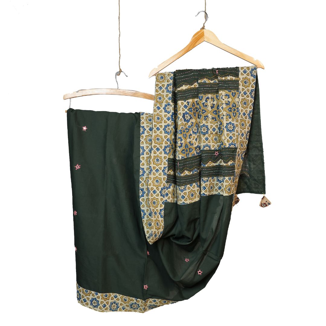 "Chand Tara": An Ajrakh Cotton Saree with Mirror Magic and Ajrakh Tukdi Applique