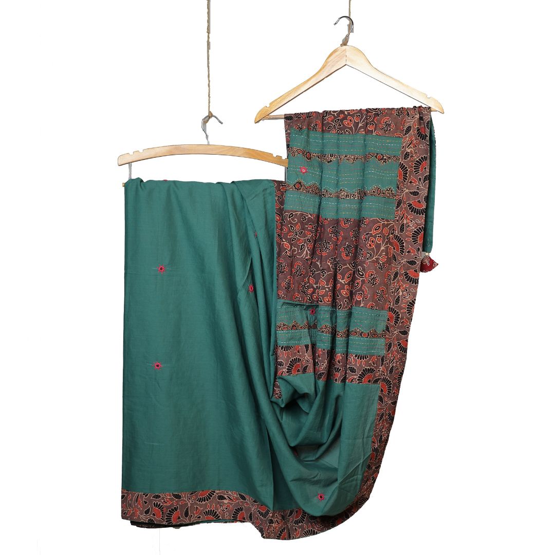 "Chand Tara": An Ajrakh Cotton Saree with Mirror Magic and Ajrakh Tukdi Applique