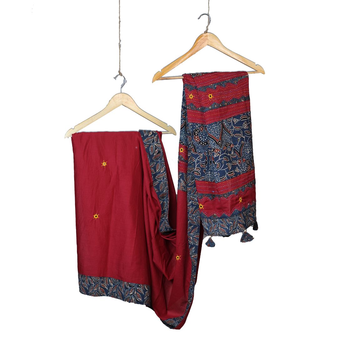 "Chand Tara": An Ajrakh Cotton Saree with Mirror Magic and Ajrakh Tukdi Applique