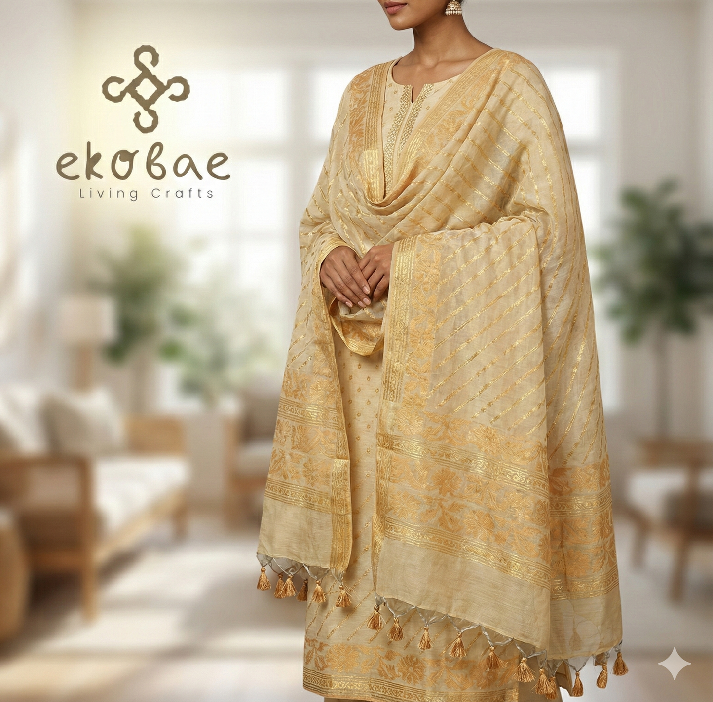 Dhakai Muslin Kurta Dupatta Sets: Beige Full Jaal Elegance