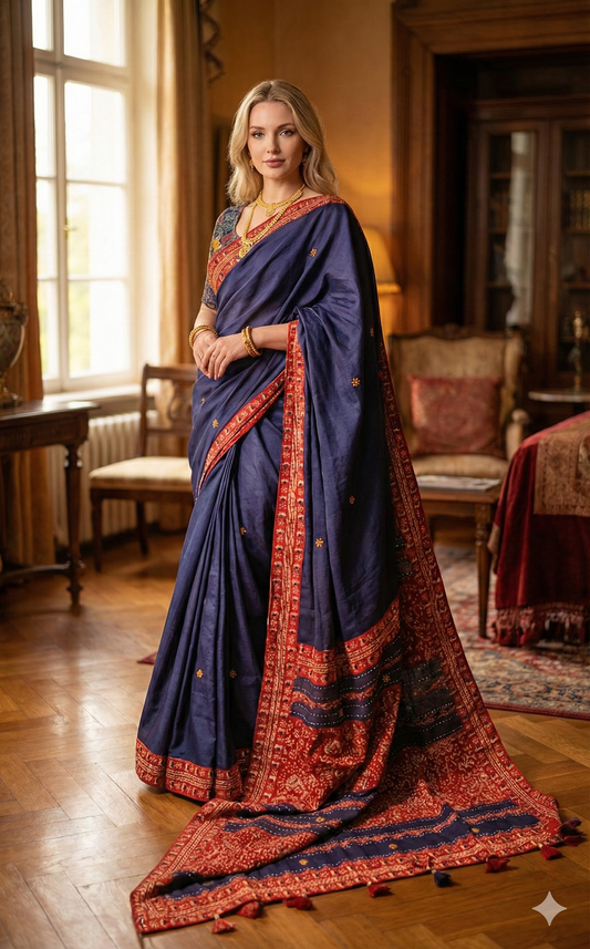 "Chand Tara": An Ajrakh Cotton Saree with Mirror Magic and Ajrakh Tukdi Applique