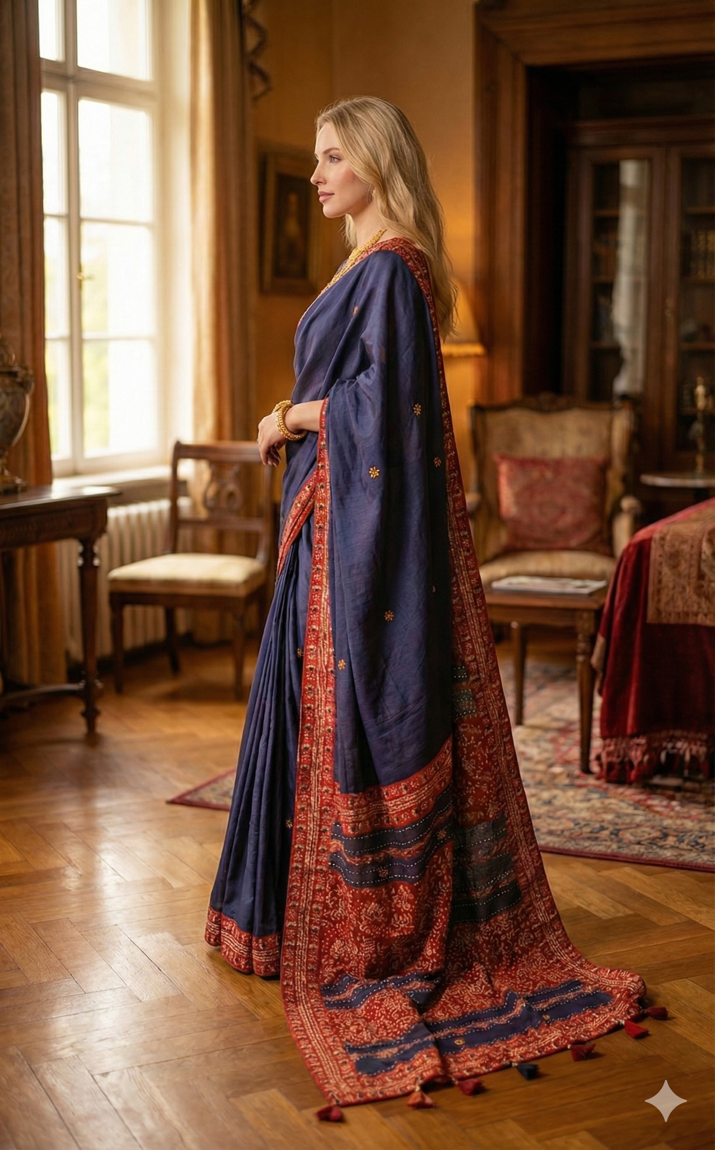 "Chand Tara": An Ajrakh Cotton Saree with Mirror Magic and Ajrakh Tukdi Applique