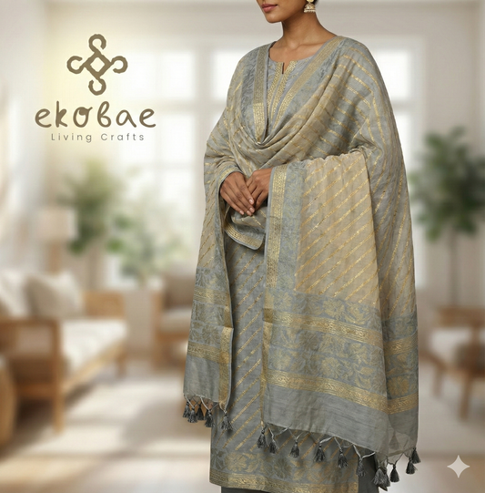 Dhakai Muslin Kurta Dupatta Sets: Beige Full Jaal Elegance