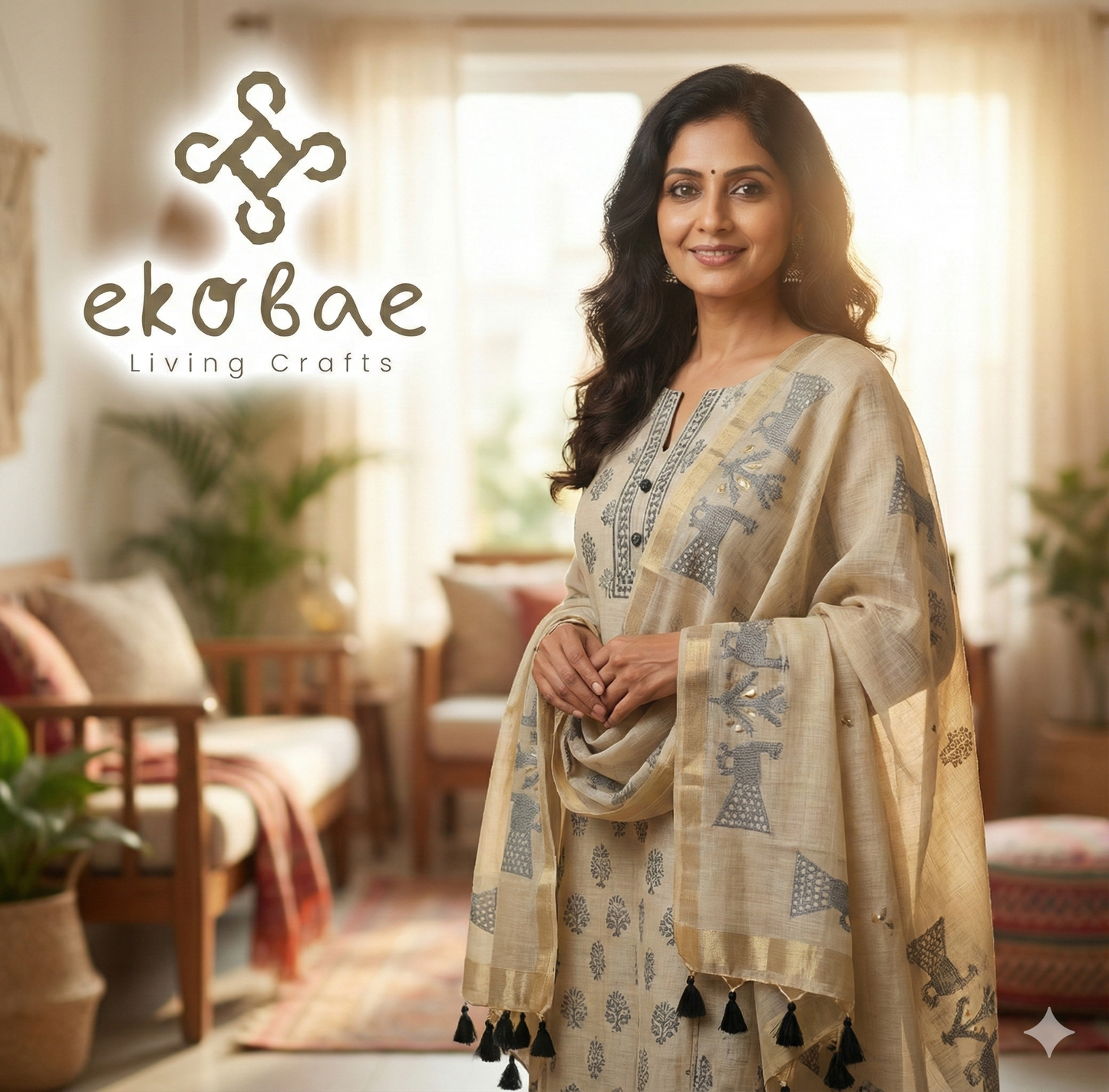 Beige Dhakai Muslin Kurta Dupatta Set: Handloom Elegance