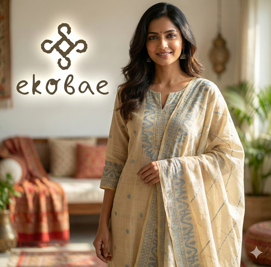 Beige Dhakai Muslin Kurta Dupatta Set: Handloom Elegance
