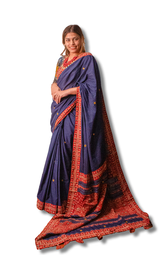 "Chand Tara": An Ajrakh Cotton Saree with Mirror Magic and Ajrakh Tukdi Applique