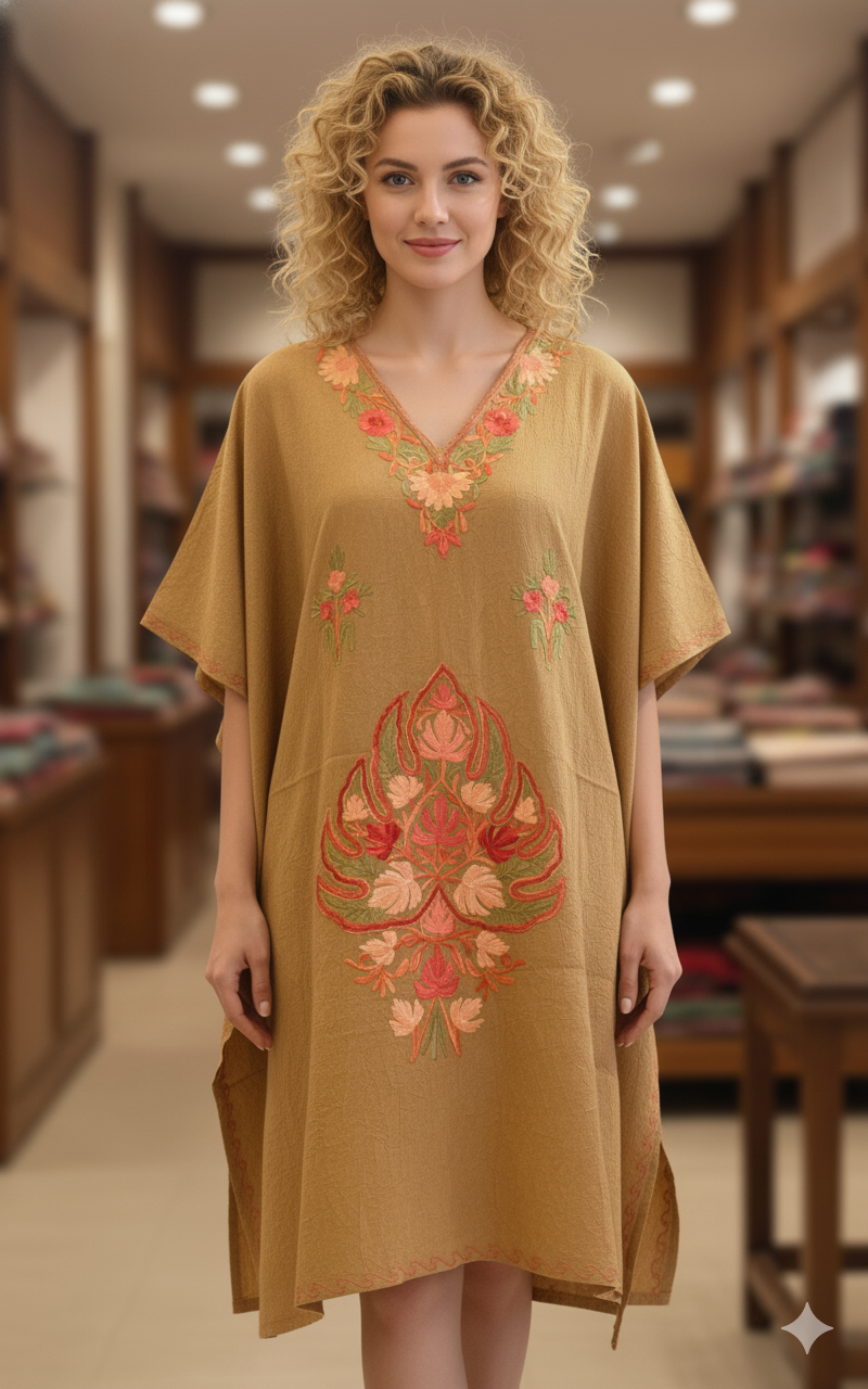 Kashmiri Ari Work Kaftan – Handcrafted Crush Cotton | Ekobae