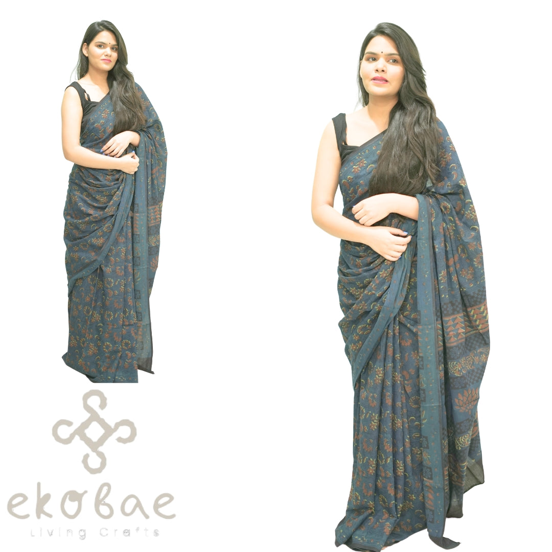 Indigo Mul Cotton Dabu Saree - Floral Print, Pure Indigo & Iron Oxide