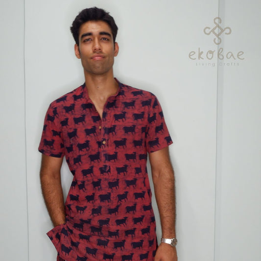 Red Nandi Motif Hand Block Shirt
