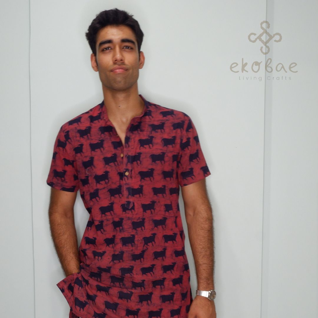 Red Nandi Motif Hand Block Kurta Shirt (mid-theigh)