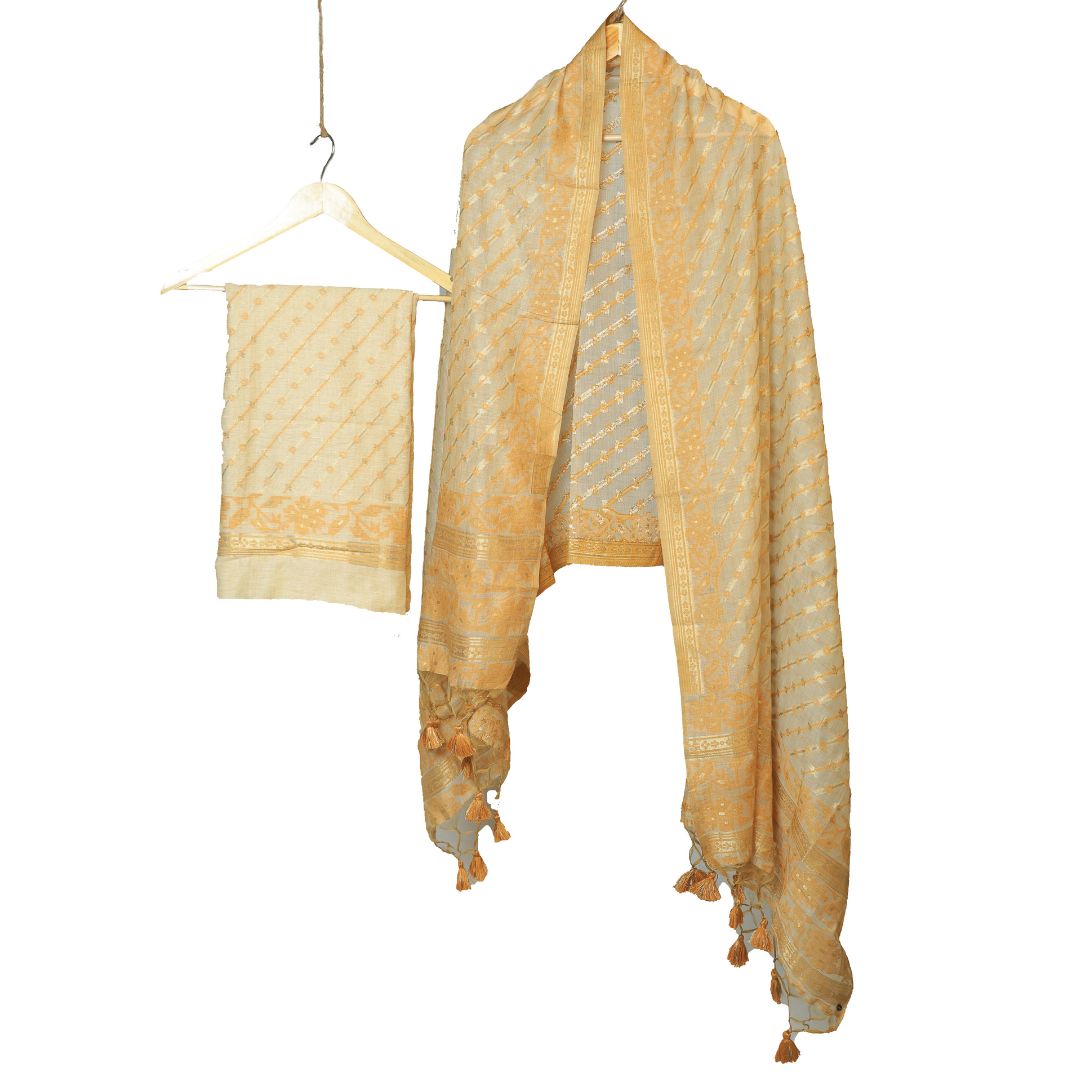 Dhakai Muslin Kurta Dupatta Sets: Beige Full Jaal Elegance