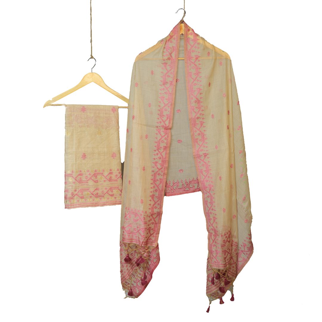 Beige Dhakai Muslin Kurta Dupatta Set: Handloom Elegance