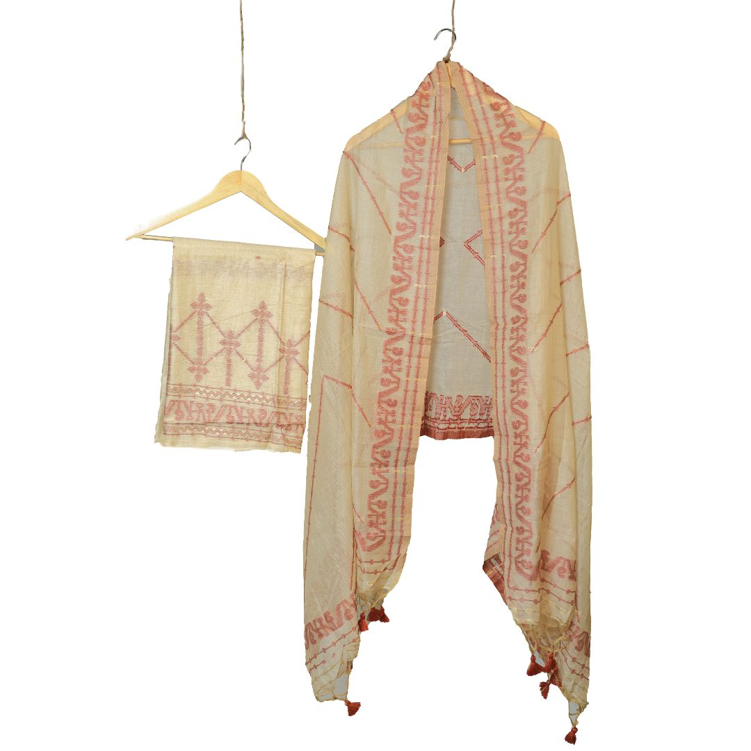 Beige Dhakai Muslin Kurta Dupatta Set: Handloom Elegance