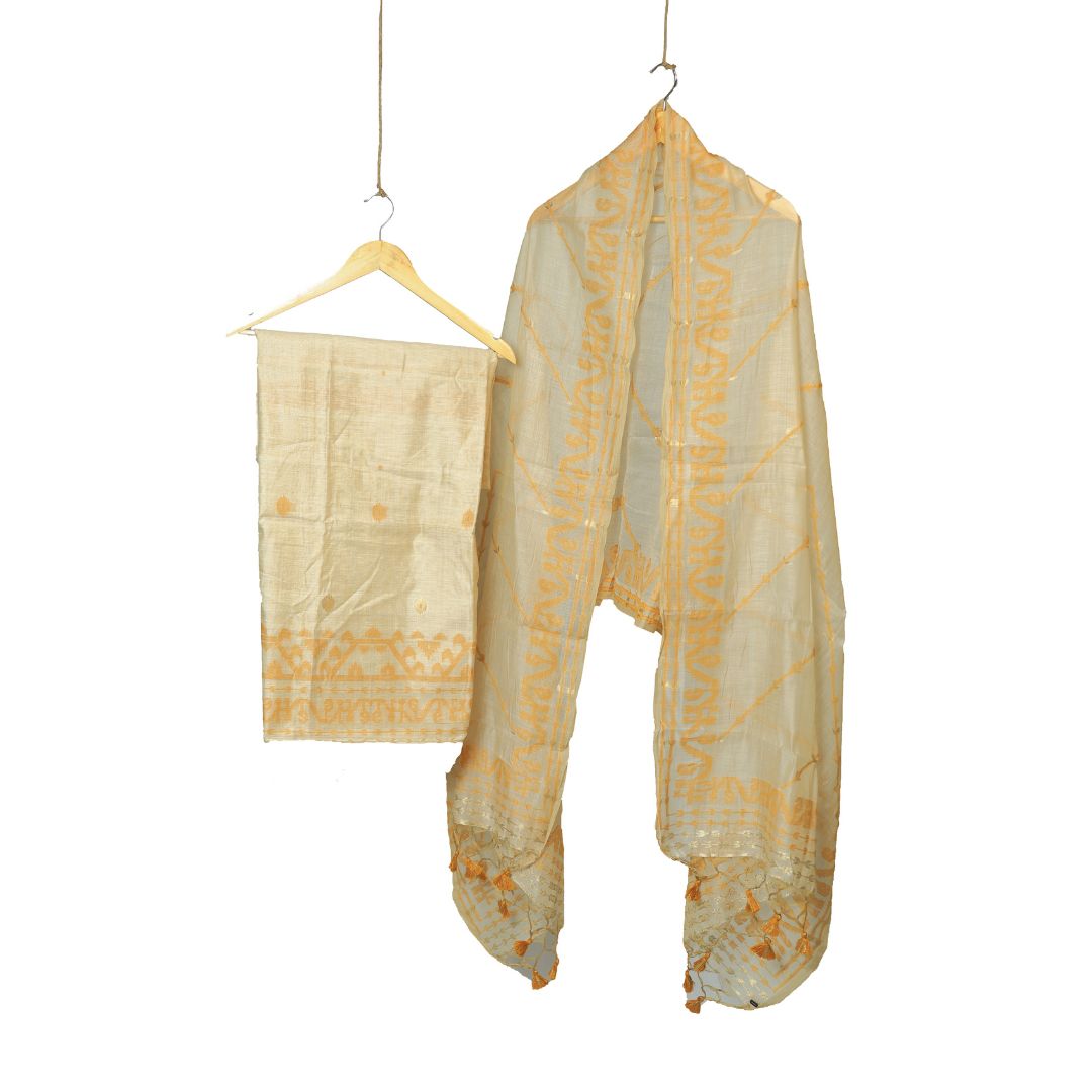 Beige Dhakai Muslin Kurta Dupatta Set: Handloom Elegance