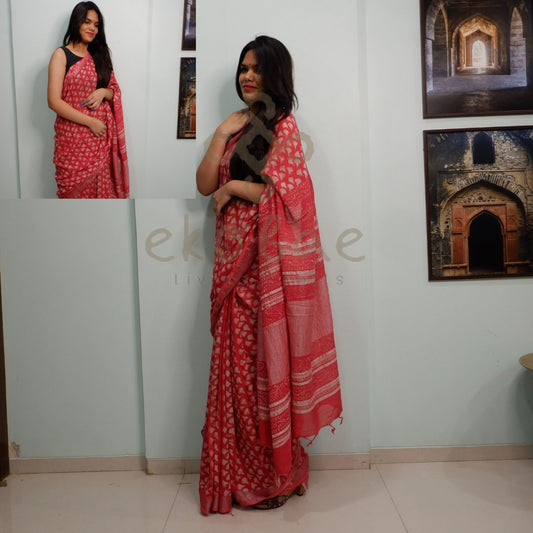 Ekobae Dabu Pink Cotton Linen Saree with White Block Print