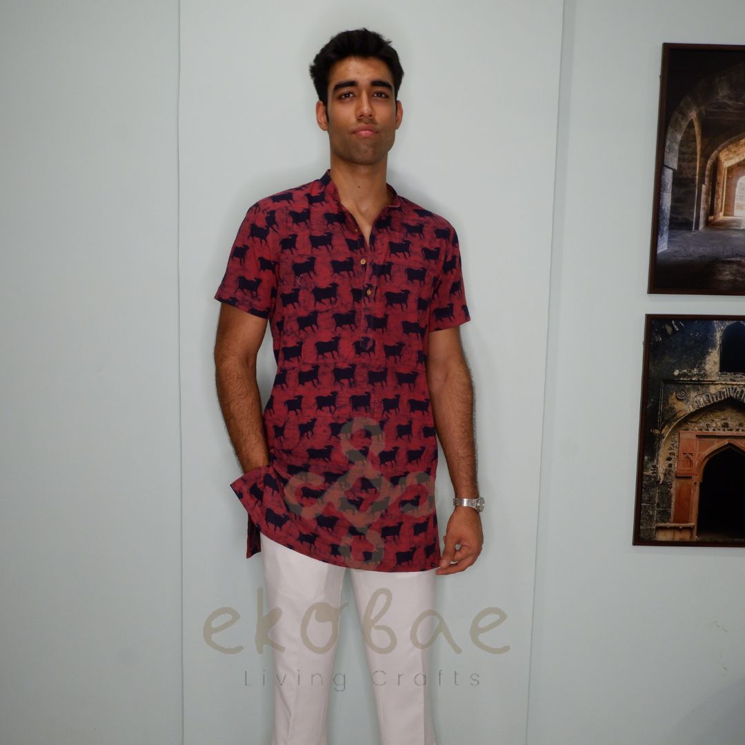 Red Nandi Motif Hand Block Kurta Shirt (mid-theigh)