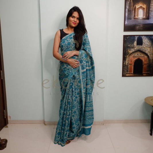 Ekobae's Dabu Symphony: A Hand-Block Printed Saree in Timeless Elegance