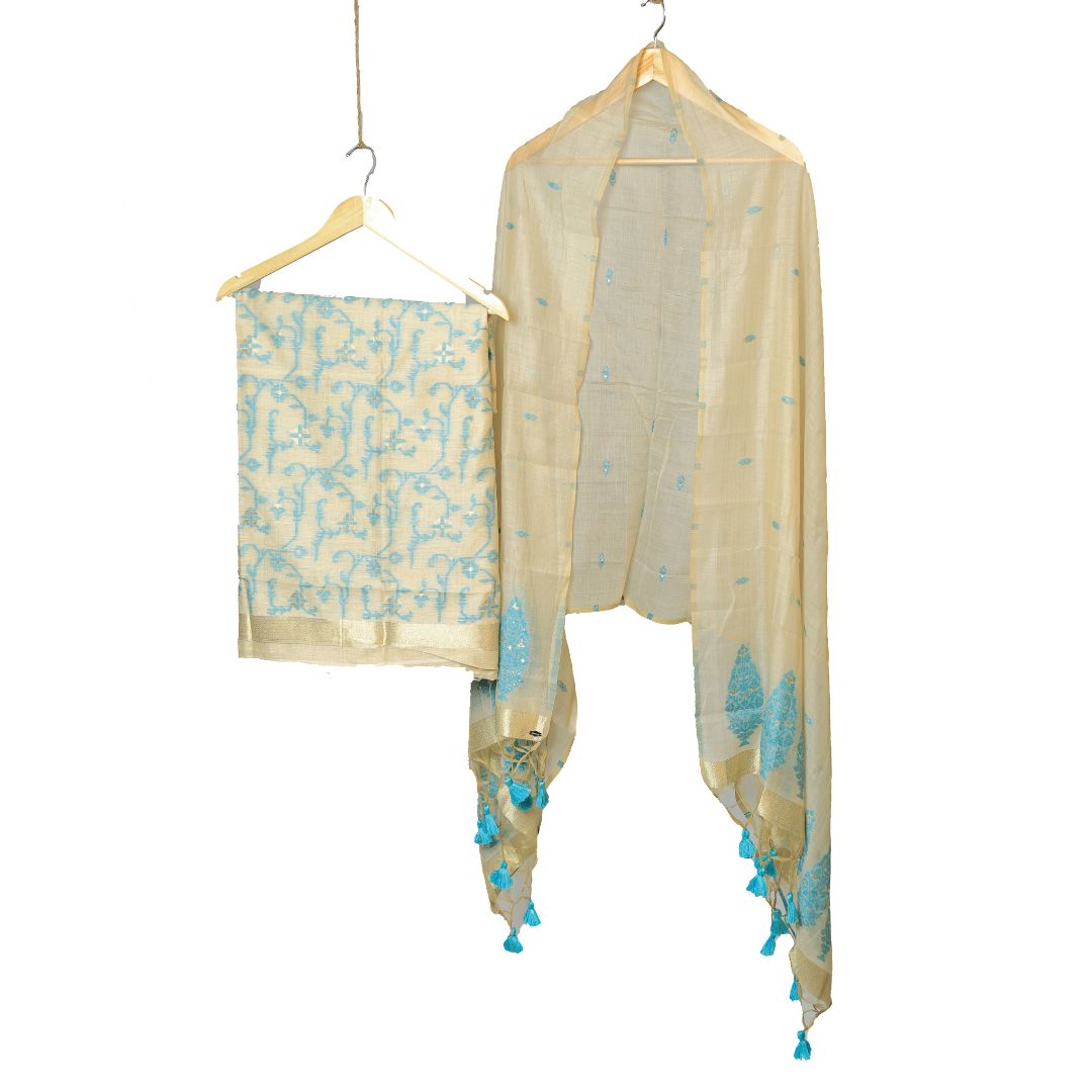 Beige Dhakai Muslin Kurta Dupatta Set: Handloom Elegance