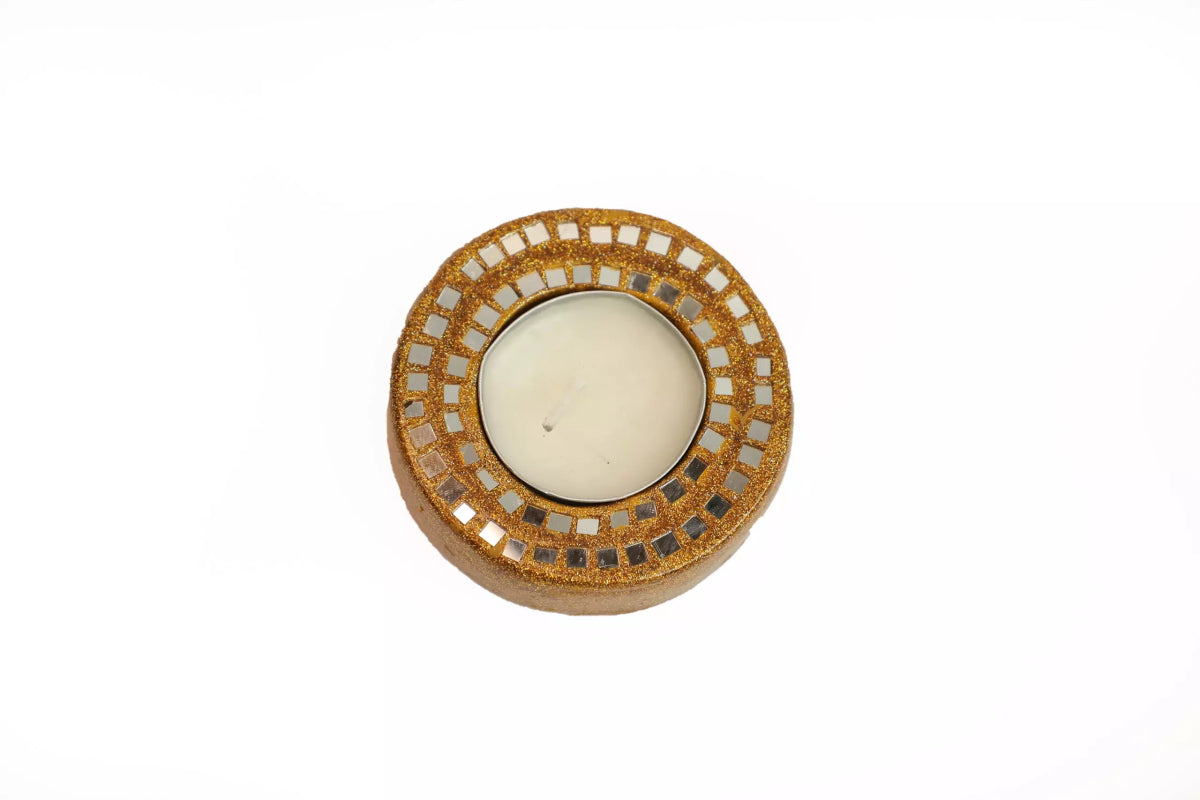 Lacquer & Mirror-work T-Light Holder Round (1 pc.) - Ekobae